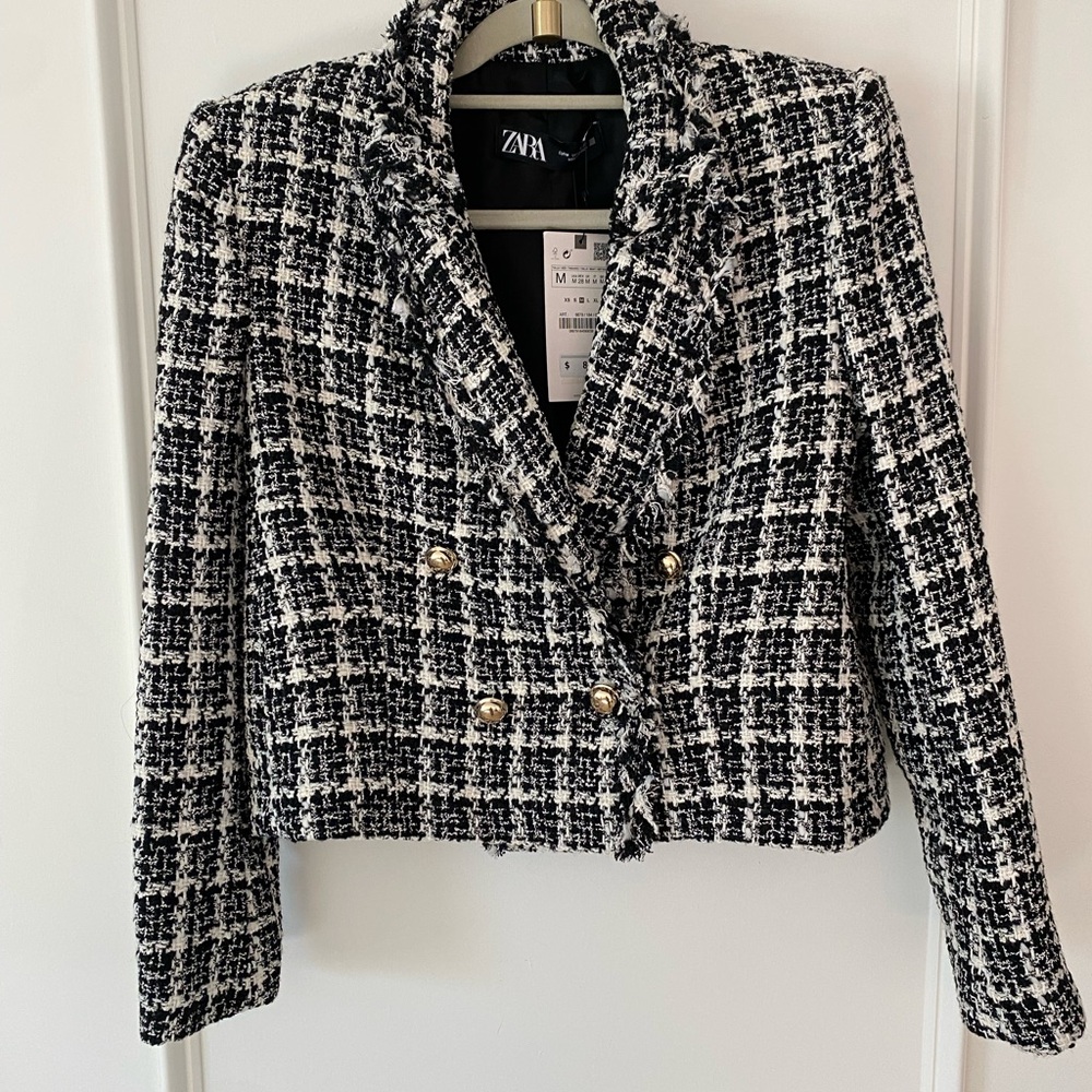 Zara Black and White Tweed Blazer with Gold Buttons